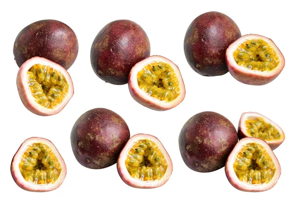 Färsk Passion Frukt Skivor Hälften Bitar Isolerade Med Klippning Väg — Stockfoto