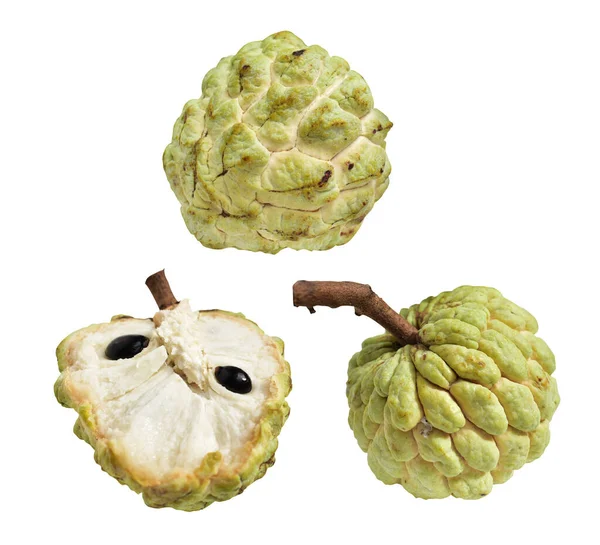 Fresh custard apple or sugar apple fruit isolated, slices, pieces, half with clipping path, no shadow in white background