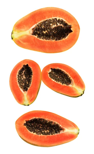 Fructe Proaspete Papaya Coapte Izolate Cale Tăiere Fundal Negru Fără — Fotografie, imagine de stoc