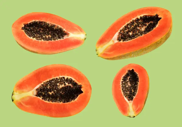 Fructe Proaspete Papaya Coapte Izolate Cale Tăiere Fundal Negru Fără — Fotografie, imagine de stoc