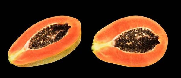 黒の背景にクリッピングパスで隔離された新鮮な甘い熟したパパイヤの果実 影なし 健康的なトロピカルフルーツ 半分とスライス ピース — ストック写真