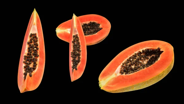 Friss Édes Érett Papaya Gyümölcs Elszigetelt Nyírás Útvonal Fekete Háttérrel — Stock Fotó