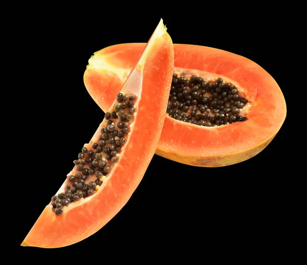 Färsk Söt Mogen Papaya Frukt Isolerad Med Klippning Väg Svart — Stockfoto