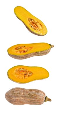 Portakal rengi uzun kabaklar, kabak kabağı, kabak kabağı kesme yolu ile izole edilmiş, siyah arka planda gölge yok.