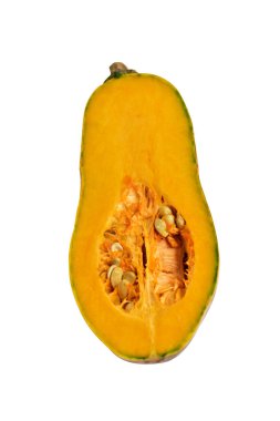 Portakal rengi uzun kabaklar, kabak kabağı, kabak kabağı kesme yolu ile izole edilmiş, siyah arka planda gölge yok.