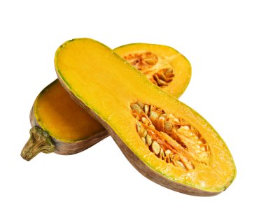 Portakal rengi uzun kabaklar, kabak kabağı, kabak kabağı kesme yolu ile izole edilmiş, siyah arka planda gölge yok.