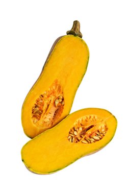 Portakal rengi uzun kabaklar, kabak kabağı, kabak kabağı kesme yolu ile izole edilmiş, siyah arka planda gölge yok.