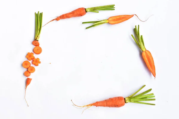 Carrots isolated in white background, food ingredients, carrot background, top view, flat lay, frame