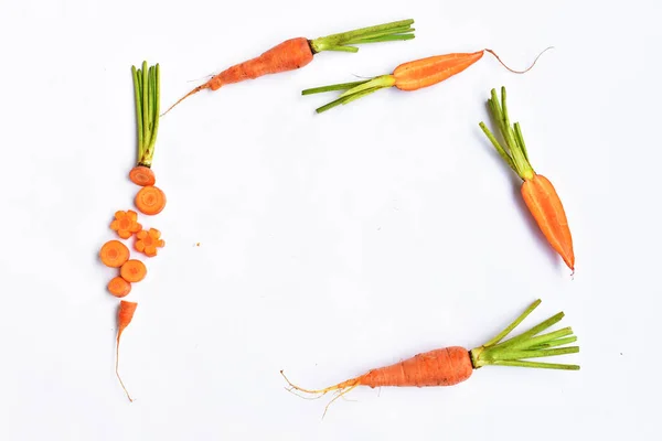 Carrots isolated in white background, food ingredients, carrot background, top view, flat lay, frame