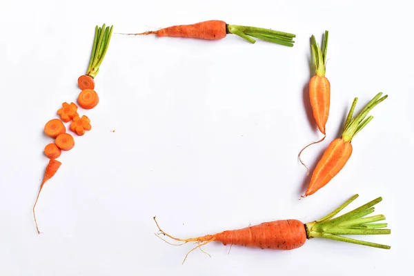 Carrots isolated in white background, food ingredients, carrot background, top view, flat lay, frame