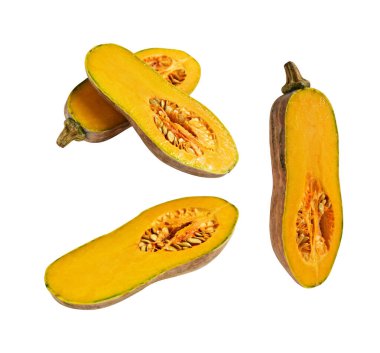 Portakal rengi uzun kabaklar, kabak kabağı, kabak kabağı kesme yolu ile izole edilmiş, siyah arka planda gölge yok.