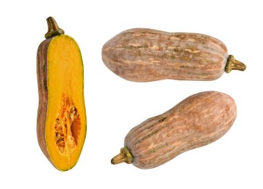 Portakal rengi uzun kabaklar, kabak kabağı, kabak kabağı kesme yolu ile izole edilmiş, siyah arka planda gölge yok.