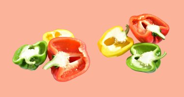 Taze kırmızı dolmalık biberler beyaz arka planda izole edilmiş, kırpma yolu yok, gölge yok, yarım, parçalar, dilimler