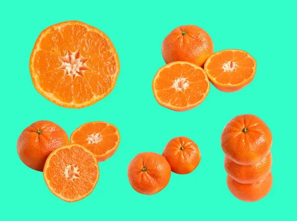 Mandarin Orange Isolerad Med Klippning Väg Grön Bakgrund Ingen Skugga — Stockfoto