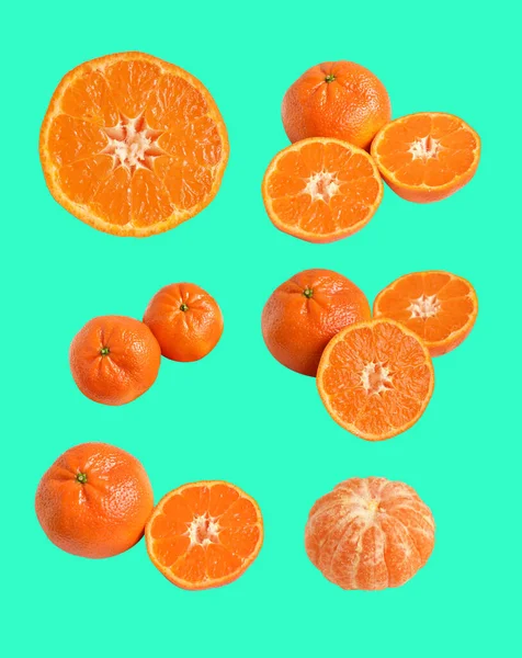 Mandarin Oranžová Izolované Výstřižkem Stezka Zeleném Pozadí Žádný Stín Zdravé — Stock fotografie