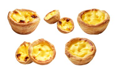 Portekiz yumurtalı tart tatlı krema kesme yolu ile izole, beyaz arka planda gölge yok, ev yapımı tatlı