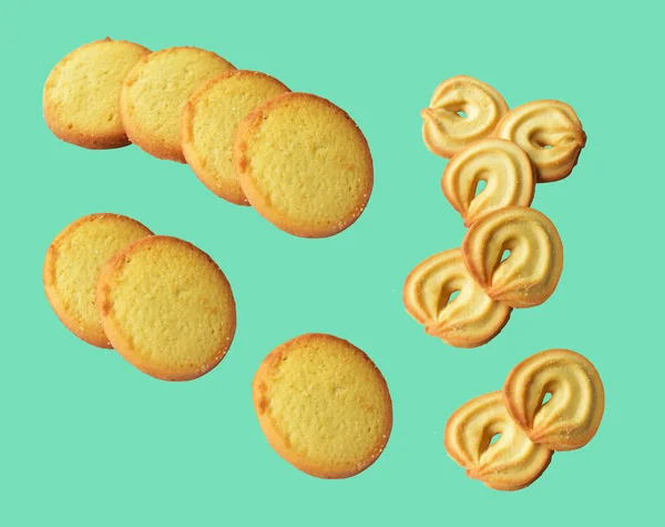 Kekse Isoliert Süße Buttercracker Kekse Mit Schneideweg Kein Schatten Grünen — Stockfoto