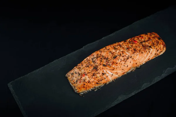 Smoked Salmon Steak Spices Black Stone — Stock Photo, Image