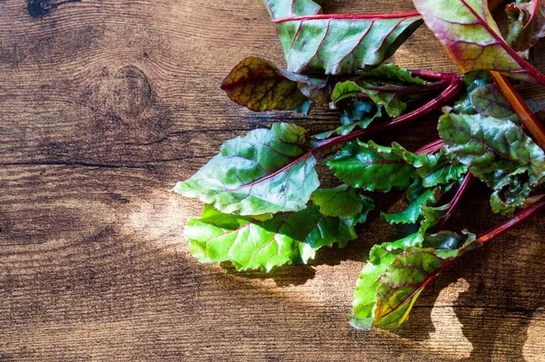 Organic beetroot leaves on wooden background with copy space.