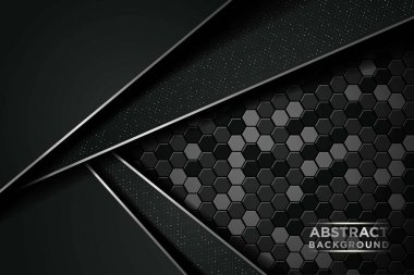 Çember ve siyah örtüşen katmanlı koyu soyut bir zemin. Gümüş liste ve gümüş simler altıgen desenli arka plan üzerindeki noktalar elementi