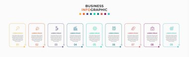 9 seçenek ya da adımlı vektör bilgileri. İş konsepti. Sunumlar için kullanılabilir pankart, iş akışı düzeni, işlem diyagramı, akış şeması, bilgi grafiği
