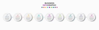 9 seçenek ya da adımlı vektör bilgileri. İş konsepti. Sunumlar için kullanılabilir pankart, iş akışı düzeni, işlem diyagramı, akış şeması, bilgi grafiği