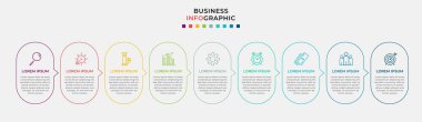9 seçenek ya da adımlı vektör bilgileri. İş konsepti. Sunumlar için kullanılabilir pankart, iş akışı düzeni, işlem diyagramı, akış şeması, bilgi grafiği