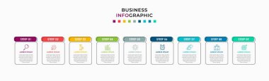 9 seçenek ya da adımlı vektör bilgileri. İş konsepti. Sunumlar için kullanılabilir pankart, iş akışı düzeni, işlem diyagramı, akış şeması, bilgi grafiği
