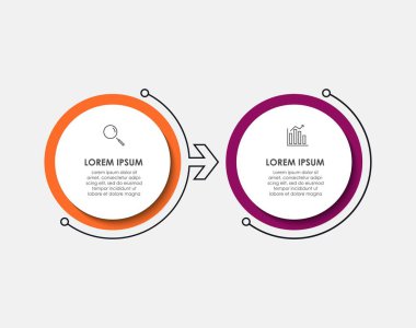 Asgari İş Bilgileri şablonu. 2 adımlı zaman çizelgesi, seçenekler ve pazarlama simgeleri. İki dairesel içerikli vektör doğrusal bilgi. Sunum için kullanılabilir.