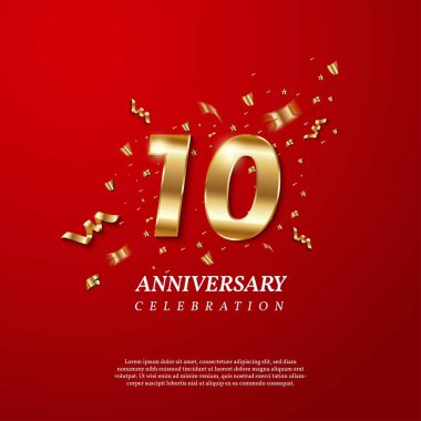 10. yıldönümü kutlaması. Parlak konfetileri, yıldızları, parıltıları ve kırmızı arka planda şeritleri olan 10 numaralı altın. Vektör bayramı illüstrasyonu. Doğum günü ya da düğün partisi dekorasyonu