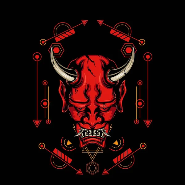 Maschera Diavolo Con Ornamento Geometria Sacra Sfondo Nero Design Shirt — Vettoriale Stock