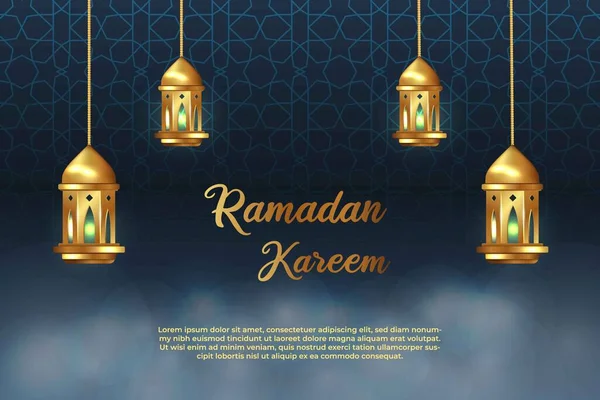 ラマダーンカレームのグリーティングカードテンプレートにイスラム装飾と提灯のイスラムのバナーぼやけたボケの背景デザイン — ストックベクタ
