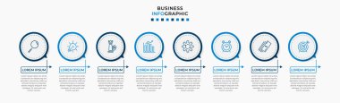 Vector Infographic tasarım iş şablonu simgeleri ve 8 seçenek veya adımla. İşlem şeması, sunumlar, iş akışı düzeni, afiş, akış şeması, bilgi grafiği için kullanılabilir