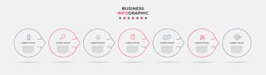 Business Infographic tasarım şablonu simge ve 7 seçenek veya basamaklı Vektör. İşlem şeması, sunumlar, iş akışı düzeni, afiş, akış şeması, bilgi grafiği için kullanılabilir