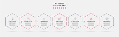 Business Infographic tasarım şablonu simge ve 7 seçenek veya basamaklı Vektör. İşlem şeması, sunumlar, iş akışı düzeni, afiş, akış şeması, bilgi grafiği için kullanılabilir