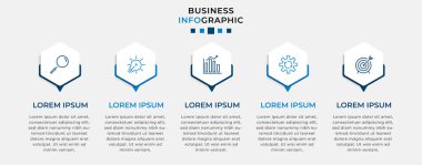 Vector Infographic tasarım iş şablonu simgeleri ve 5 seçenek veya adımla. İşlem şeması, sunumlar, iş akışı düzeni, afiş, akış şeması, bilgi grafiği için kullanılabilir
