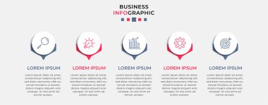 Vector Infographic tasarım iş şablonu simgeleri ve 5 seçenek veya adımla. İşlem şeması, sunumlar, iş akışı düzeni, afiş, akış şeması, bilgi grafiği için kullanılabilir
