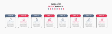 Vector Infographic tasarım iş şablonu simgeleri ve 8 seçenek veya adımla. İşlem şeması, sunumlar, iş akışı düzeni, afiş, akış şeması, bilgi grafiği için kullanılabilir