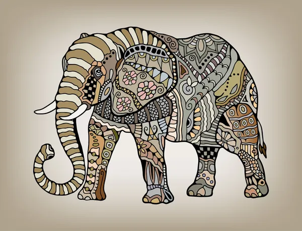 Elefante étnico tribal con adornos florales y geométricos, patrón de encaje detallado, ilustraciones dibujadas a mano en estilo gráfico — Vector de stock