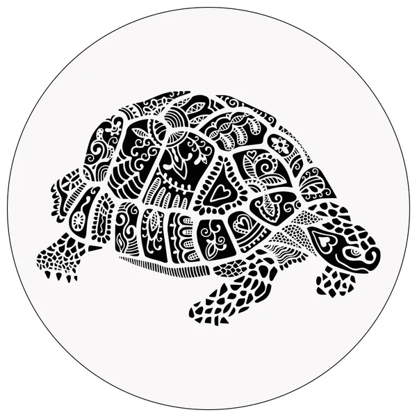 Handgezeichnete dekorative Schildkröte, ethnische Ziermuster, grafischer Tätowierstil, isoliert auf weißem Hintergrund — Stockvektor