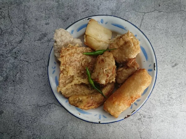 Arriba Vista Gorengan Plátano Frito Cireng Tahu Tofu Tempe Comida —  Fotos de Stock