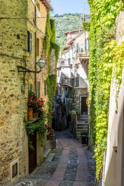 Dolceacqua, İtalya - 06-07-2021: Dolceacqua 'nın tarihi merkezinde kemer ve çiçeklerle birlikte karakteristik küçük sokaklar
