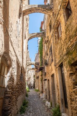 Bussana Vecchia, İtalya - 04-07-2021: Bussana Vecchia 'daki evlere giden antik sokaklar hasar gördü ve depremde bitkiler ve çiçekler meydana geldi