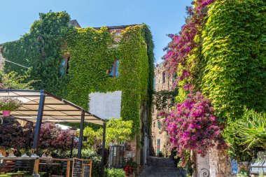 Bussana Vecchia, İtalya - 04-07-2021: Bussana Vecchia 'daki evlere giden antik sokaklar hasar gördü ve depremde bitkiler ve çiçekler meydana geldi