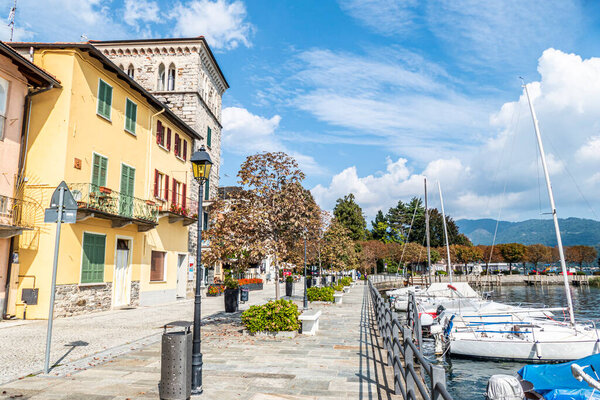 Pella, Italy: 07-09-2021: The beautiful promenade near the Lake Orta in Pella