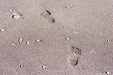 Denizde sahilde ayak sesleri. Sahilde kumdaki ayak izleri..