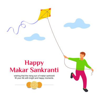 Çocuk Koşan ve Uçurtma. Mutlu Makar Sankranti Vektör İllüstrasyon geçmişi. Hindistan Tatili.