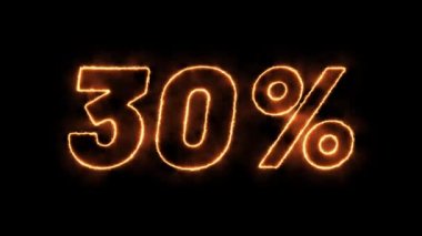 % 30 indirimli, animasyon yangın metni. İndirimler karanlıkta parlıyor.