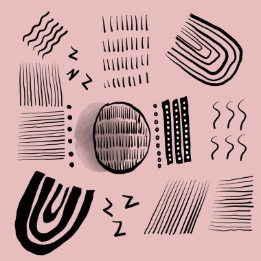 Pembe arkaplanda geometrik şekilli soyut çizim.