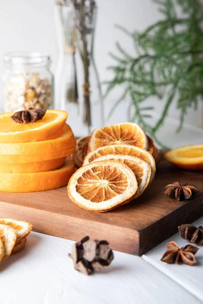 Dried Orange Slices Cinnamon Star Anise Wooden Board — Stock Photo, Image